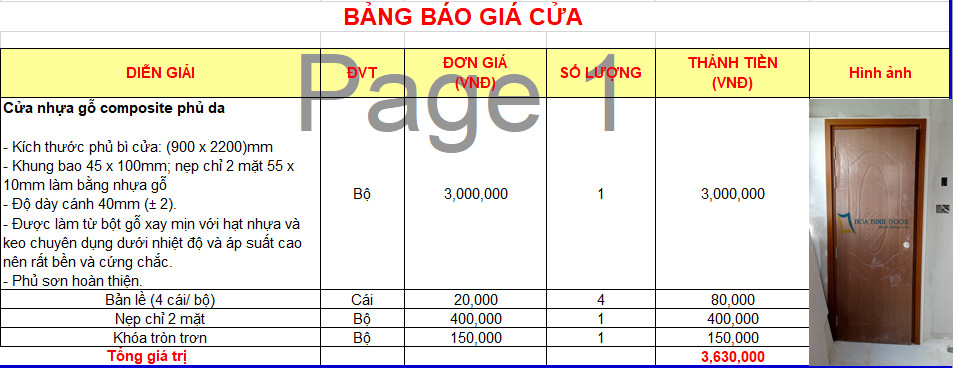 bảng báo giá cửa